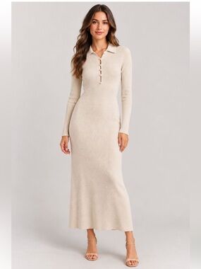 Abercrombie & Fitch Cream Pearl Button Ribbed Knit Polo Maxi Dress Size XS